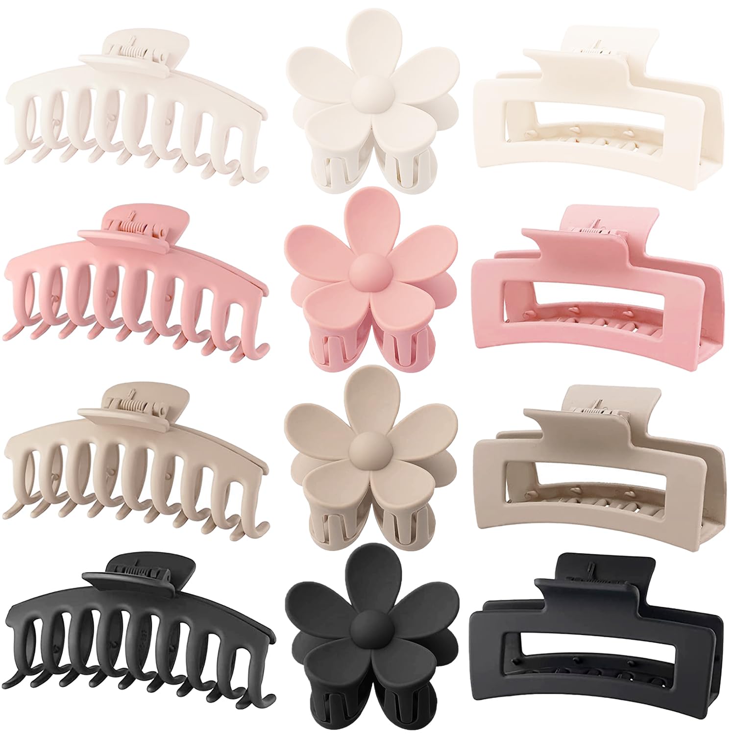 Noblenestle Hair Claw Clips 12 Pack Flower Hair Clips Big Claw Clips for Thick Hair, Big Hair Clips Square Matte Strong hold for Thin Hair, Cute Hair Clips for Women